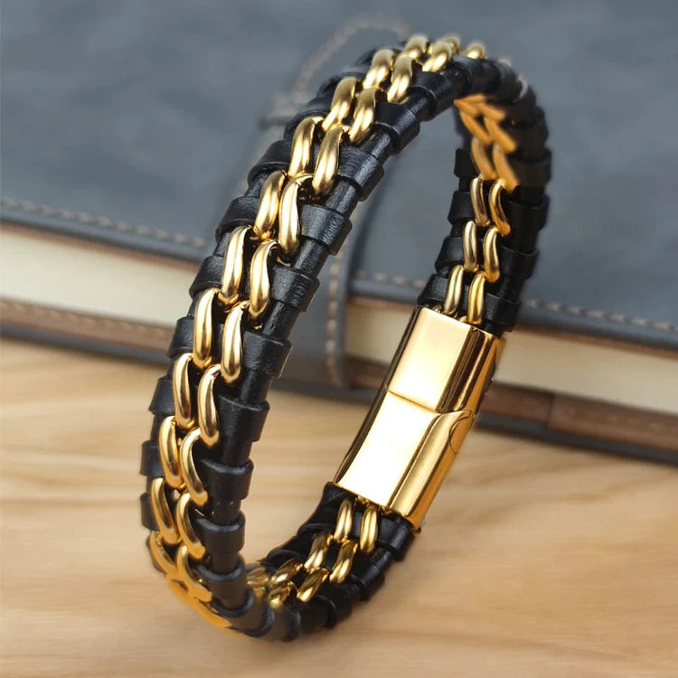 Leather Chain Bracelet - Gold Magnetic Clasp