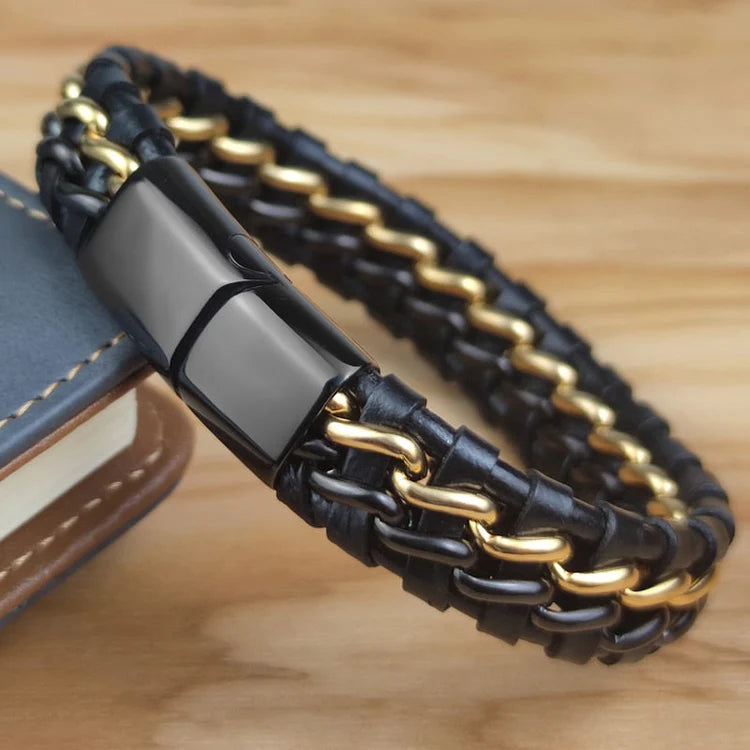 Leather Chain Bracelet - Gold Magnetic Clasp